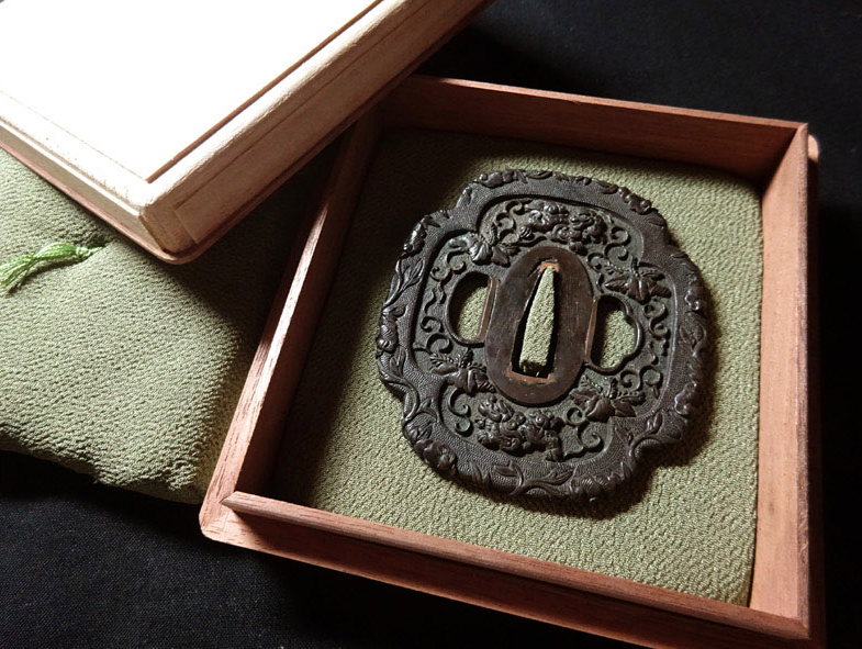 NBTHK Tsuba Japanese Accessory "Peony, Paulownia, Arabesque, Lion" 3.11 in15