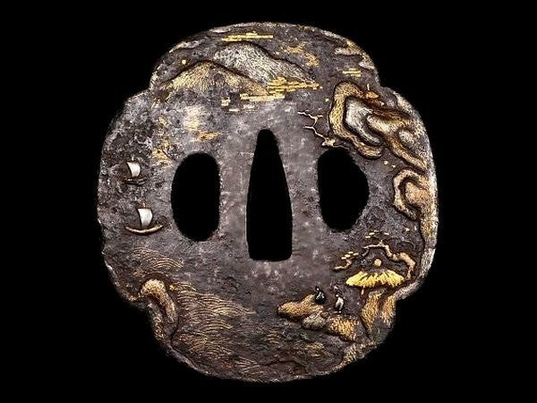 Tsuba Japanese Sword Accessory "Landscape with a Tower" 3.18 in2