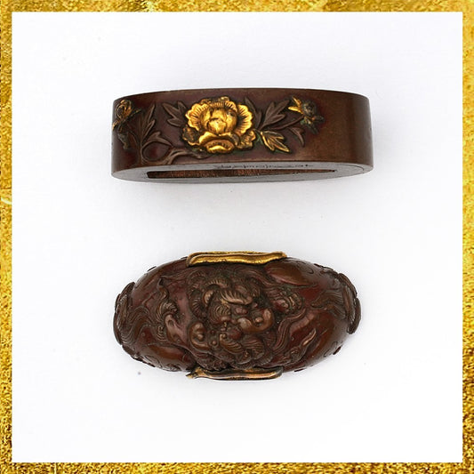 Futigashira Japanese Sword Accessory ”Peony Lion” 1.48 in0