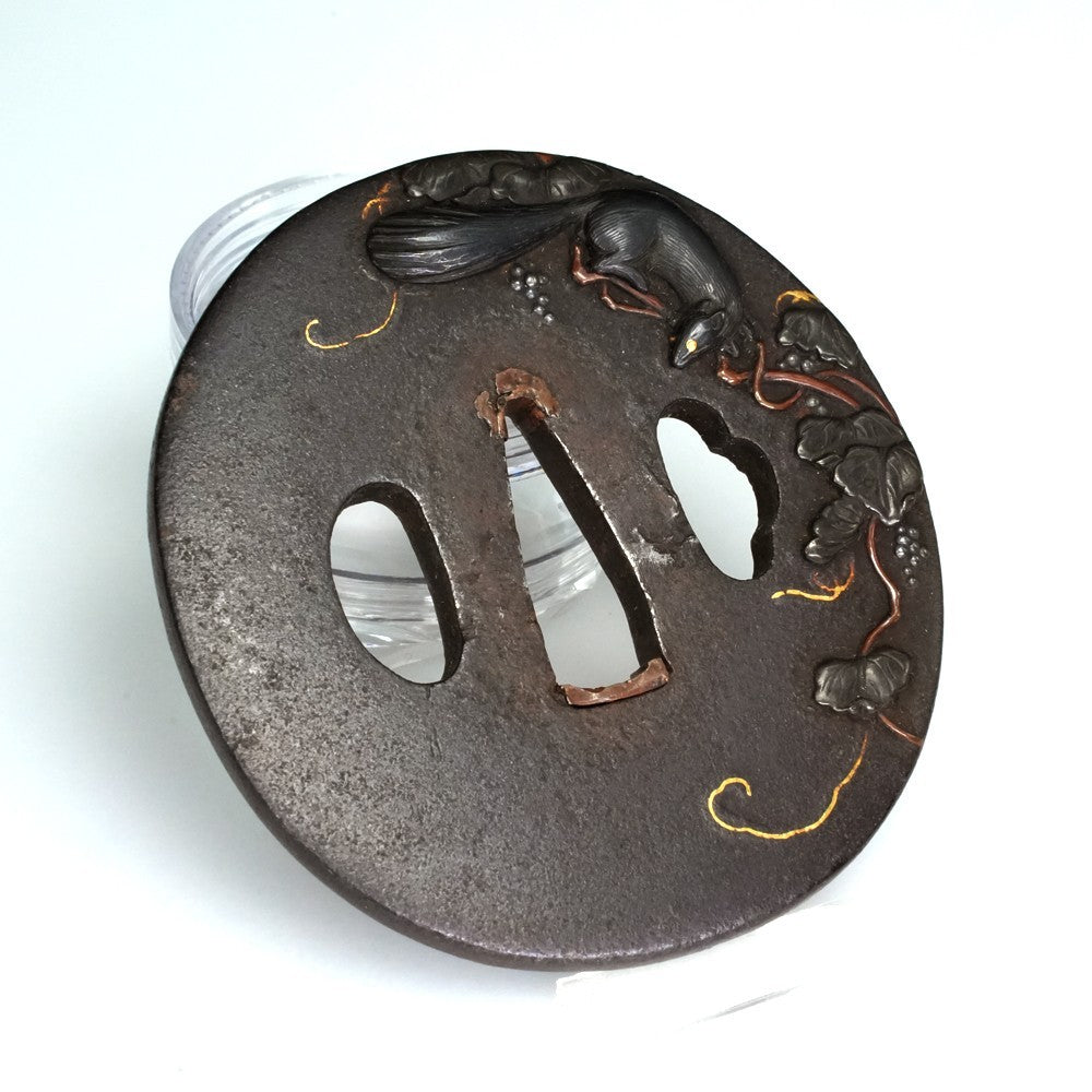 Tsuba Japanese Sword Accessory "Squirrel on Grapes" 3.03 in4