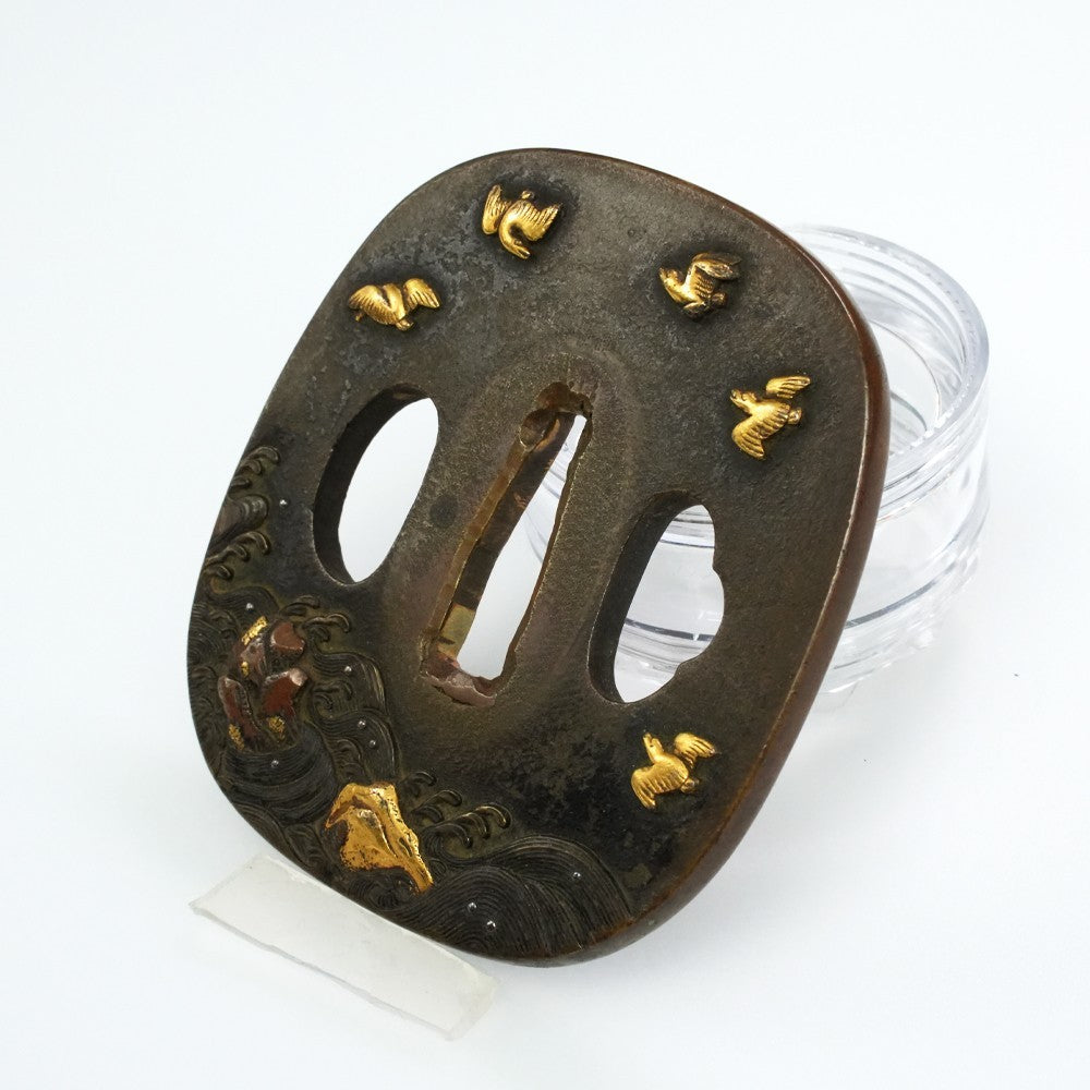 Tsuba Japanese Sword Accessory "Nara Sailboats and Plovers" 3.00 in5