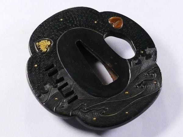 Tsuba Japanese Sword Accessory "Aoi on Rough Waves" 2.63 in6