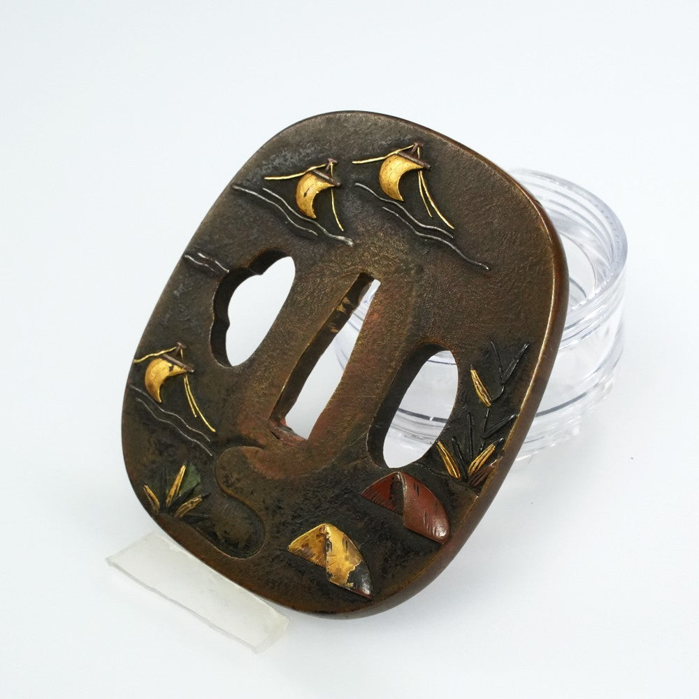 Tsuba Japanese Sword Accessory "Nara Sailboats and Plovers" 3.00 in3