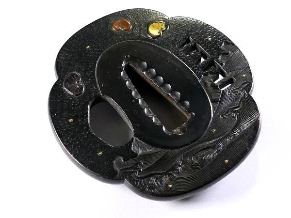 Tsuba Japanese Sword Accessory "Aoi on Rough Waves" 2.63 in3