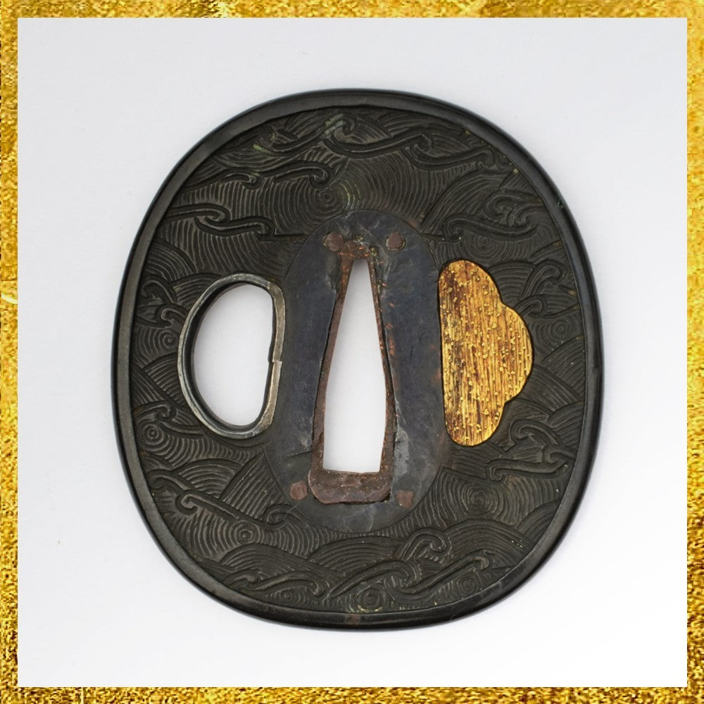 Tsuba Japanese Sword Accessory Wave Illustration  2.54 in From Japan0