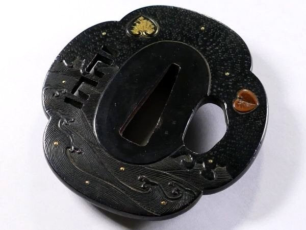 Tsuba Japanese Sword Accessory "Aoi on Rough Waves" 2.63 in7
