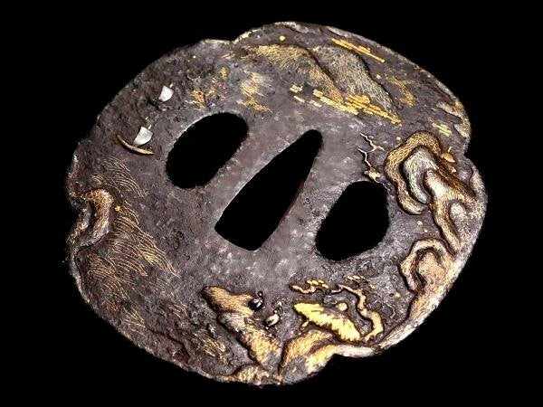 Tsuba Japanese Sword Accessory "Landscape with a Tower" 3.18 in4