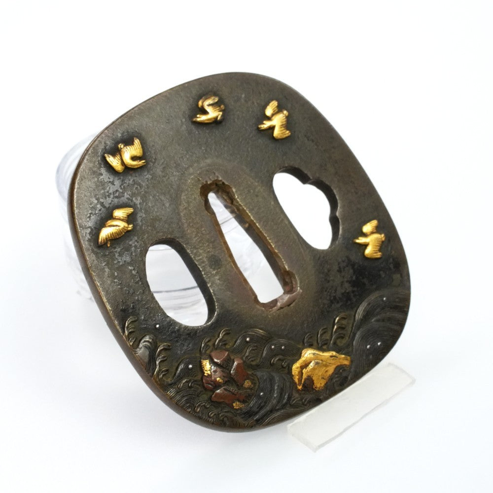 Tsuba Japanese Sword Accessory "Nara Sailboats and Plovers" 3.00 in2