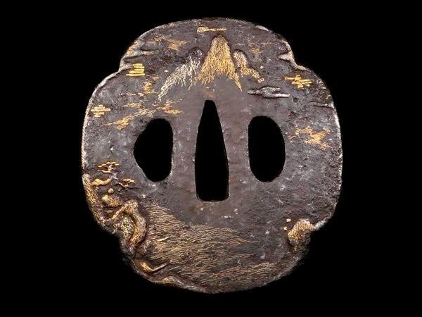 Tsuba Japanese Sword Accessory "Landscape with a Tower" 3.18 in6