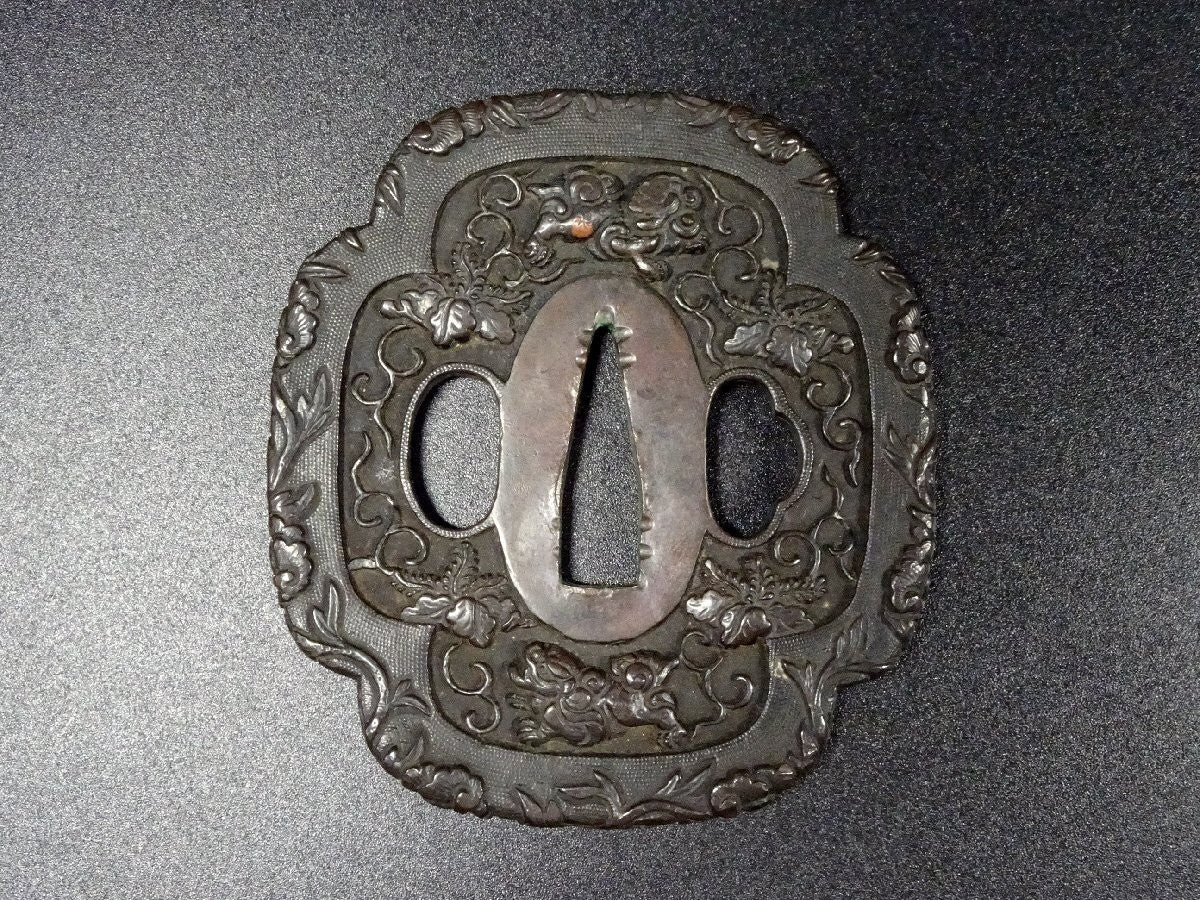 NBTHK Tsuba Japanese Accessory "Lion Flower Paulownia" 3.09 in1