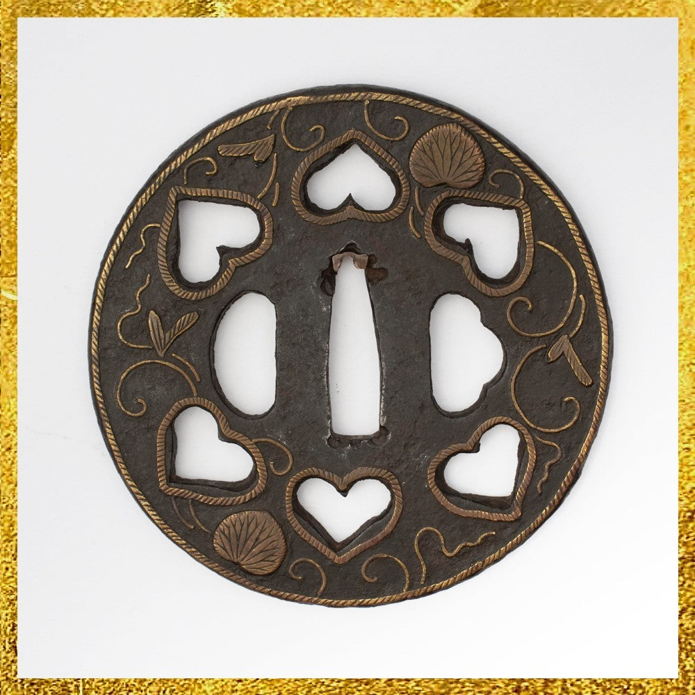 Tsuba Japanese Sword Accessory "Heian Castle Inlay Inome Openwork" 3.18 in0