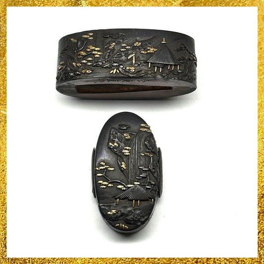 Futigashira Japanese Sword Accessory ”Nara Shigemitsu Landscape” 1.51 in0