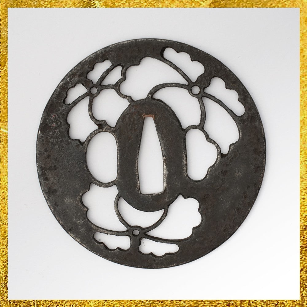 Tsuba Japanese Sword Accessory "Flowers" 3.22 in0