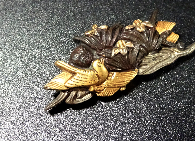 Menuki Japanese Accessory "Iris and Birds" 1.33 in4