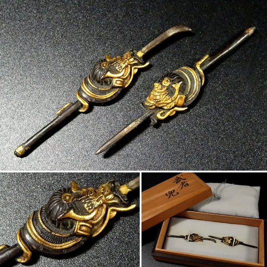 Menuki Japanese Accessory "Helmet with Naginata and Large Spear" 2.91 in0