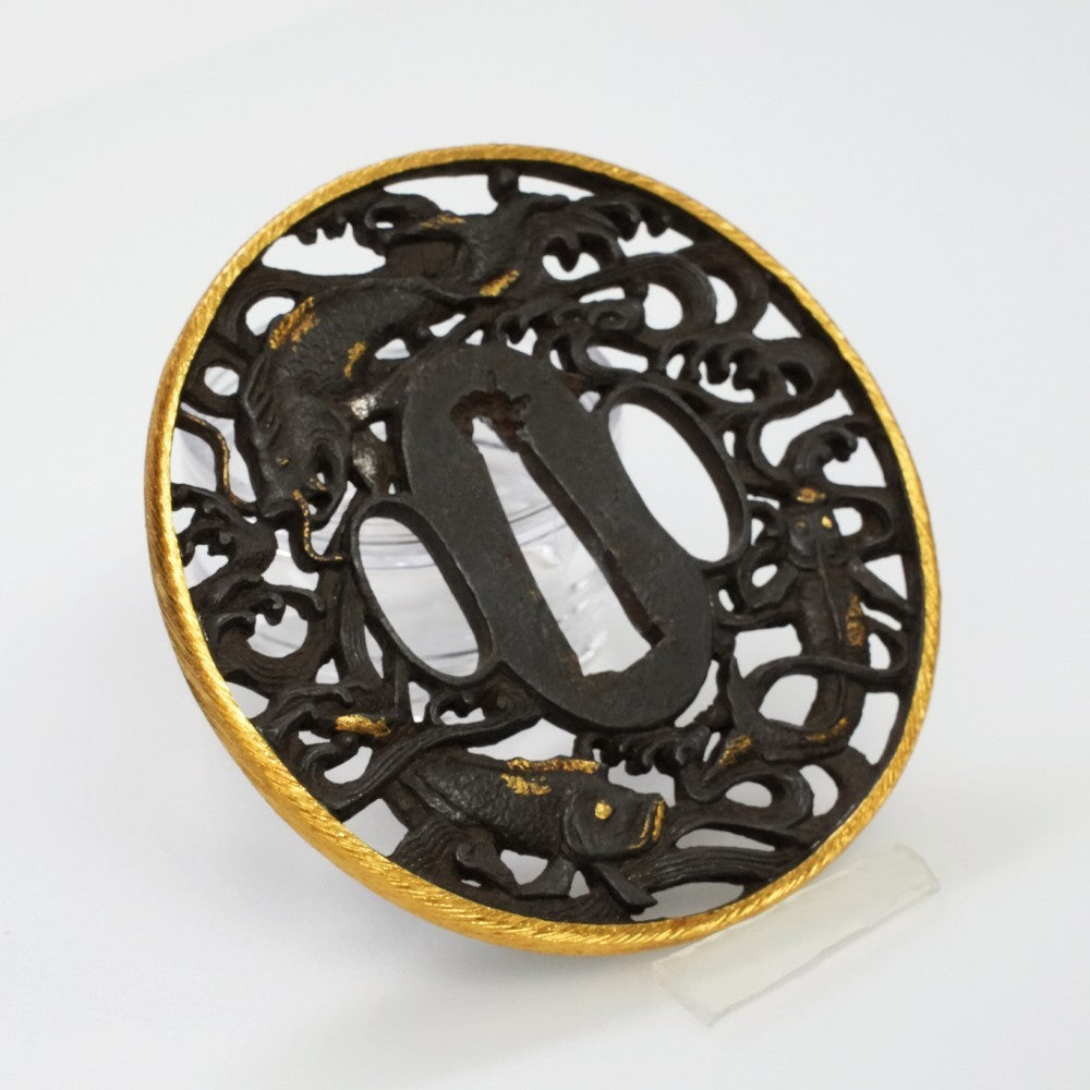 Tsuba Japanese Sword Accessory "Group of Carp" 3.22 in4