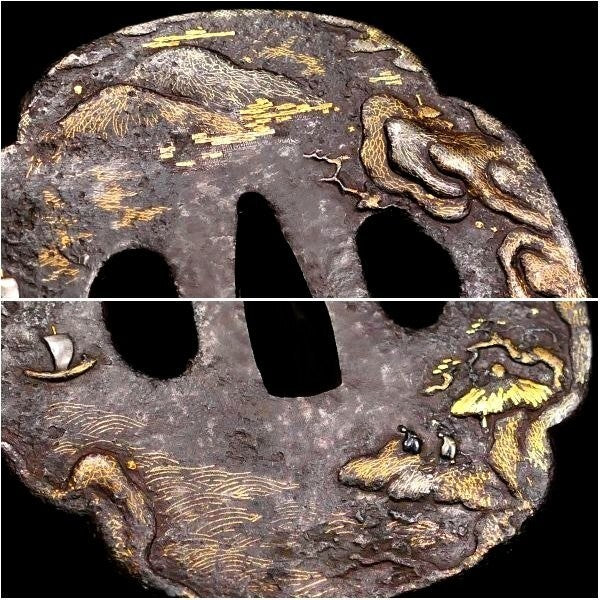 Tsuba Japanese Sword Accessory "Landscape with a Tower" 3.18 in1