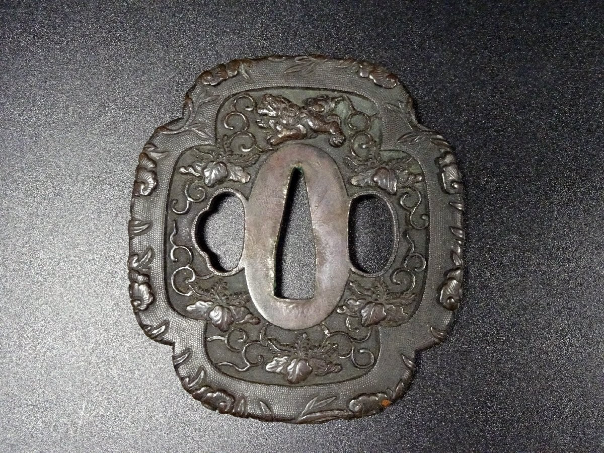 NBTHK Tsuba Japanese Accessory "Lion Flower Paulownia" 3.09 in2