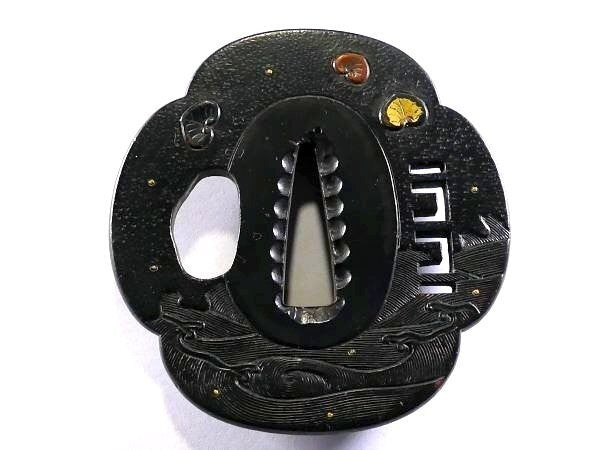 Tsuba Japanese Sword Accessory "Aoi on Rough Waves" 2.63 in1