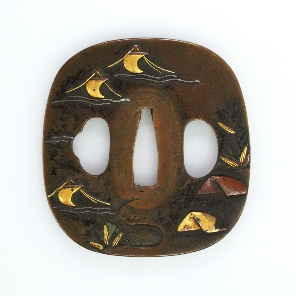 Tsuba Japanese Sword Accessory "Nara Sailboats and Plovers" 3.00 in4