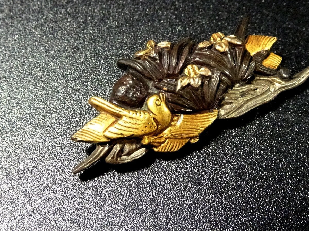 Menuki Japanese Accessory "Iris and Birds" 1.33 in2