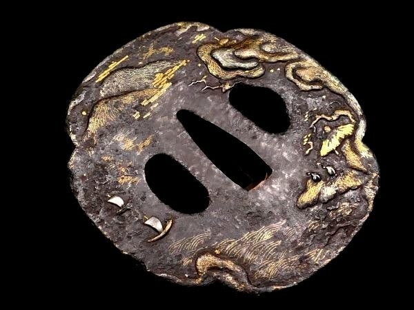 Tsuba Japanese Sword Accessory "Landscape with a Tower" 3.18 in5