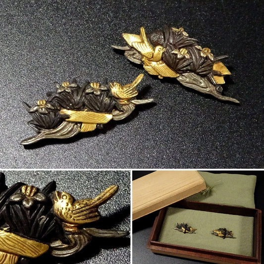Menuki Japanese Accessory "Iris and Birds" 1.33 in0