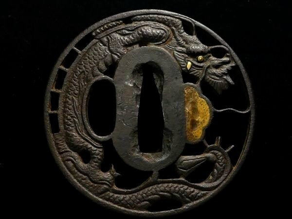 Tsuba Japanese Sword Accessory "Dragon openwork design"  2.76 in3