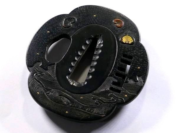 Tsuba Japanese Sword Accessory "Aoi on Rough Waves" 2.63 in4