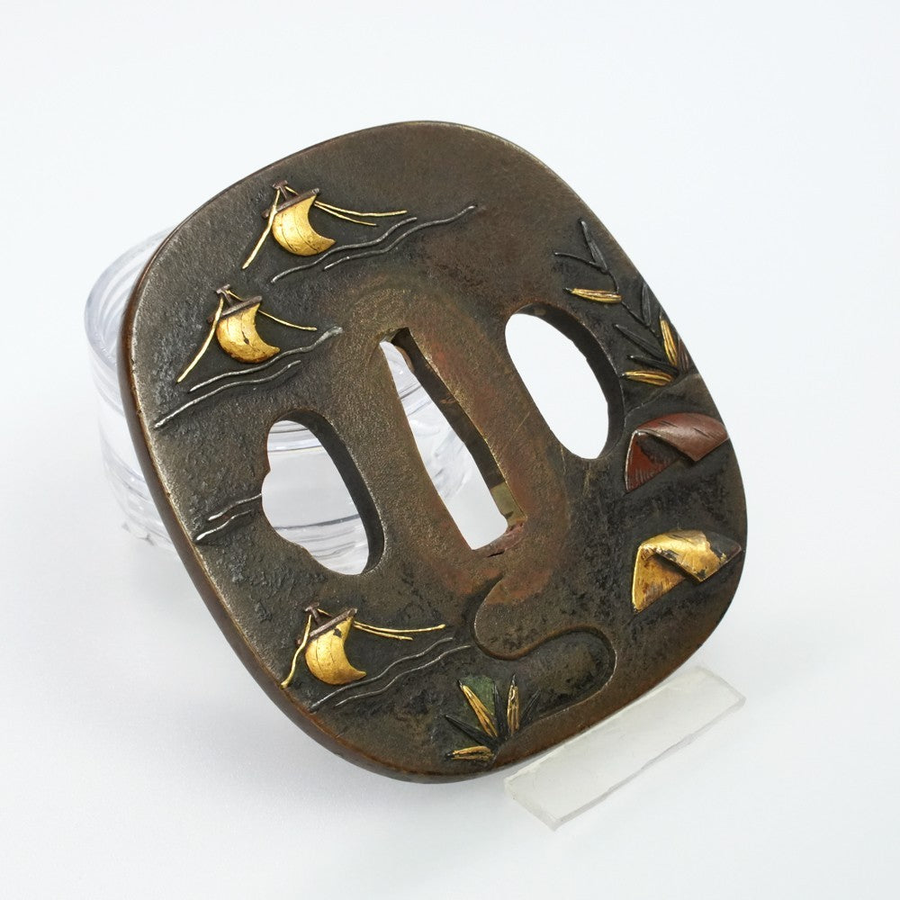 Tsuba Japanese Sword Accessory "Nara Sailboats and Plovers" 3.00 in1