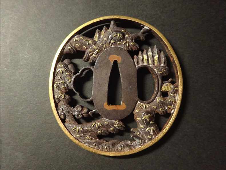 Tsuba Japanese Sword Accessory ”Landscape figures”  3.11 in2