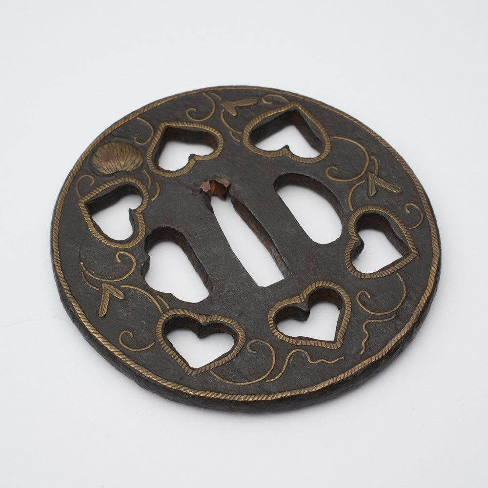 Tsuba Japanese Sword Accessory "Heian Castle Inlay Inome Openwork" 3.18 in1