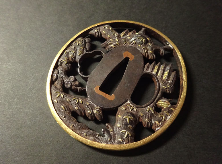 Tsuba Japanese Sword Accessory ”Landscape figures”  3.11 in3