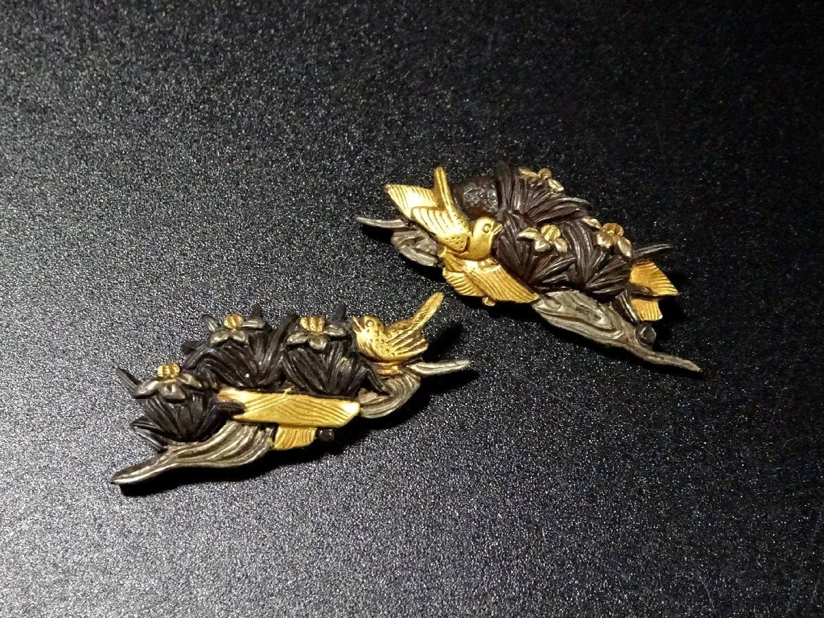 Menuki Japanese Accessory "Iris and Birds" 1.33 in1