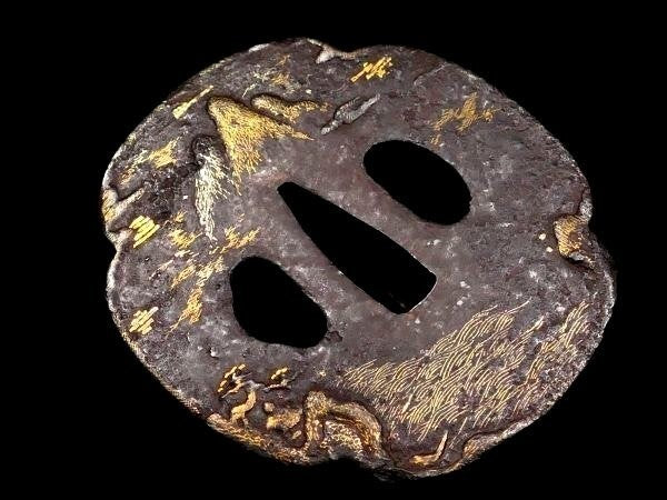 Tsuba Japanese Sword Accessory "Landscape with a Tower" 3.18 in7