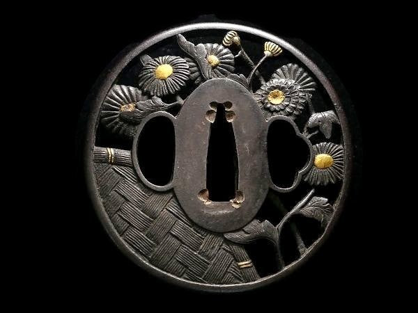 Tsuba Japanese Sword Accessory "Chrysanthemum pattern on a woven cloth"  2.89in1